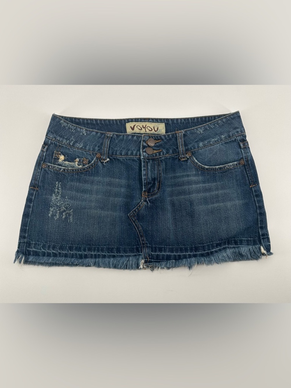 VOYOU Y2K Going Out Distressed Denim Micro Mini Skirt Size 7 Frayed Hem Low Rise